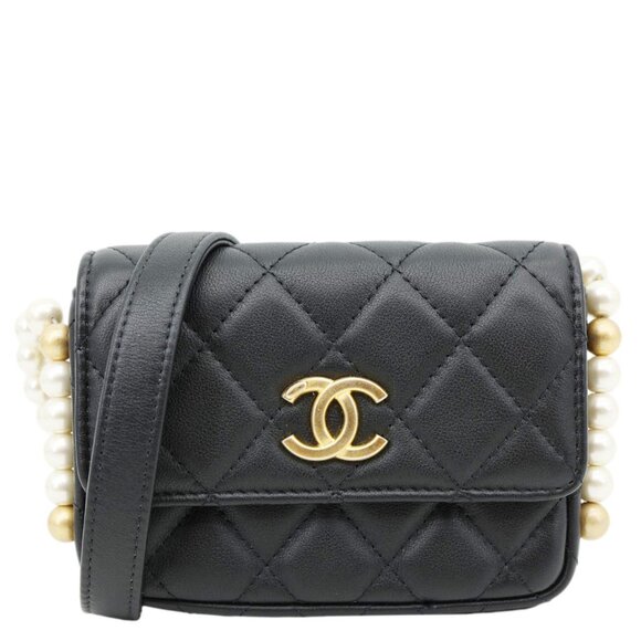 Chanel  Flap Pearls Strap Quilted Calfskin Leather Card Holder Black - Picture 1 of 10